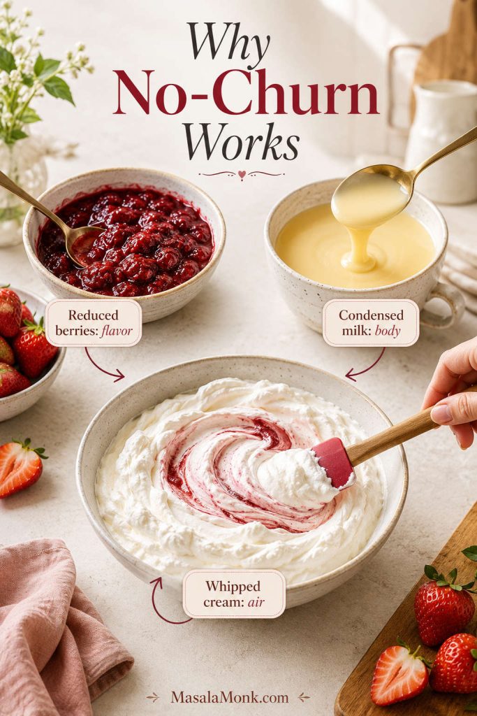 No-churn strawberry ice cream ingredients showing reduced berries, condensed milk, and whipped cream being folded together