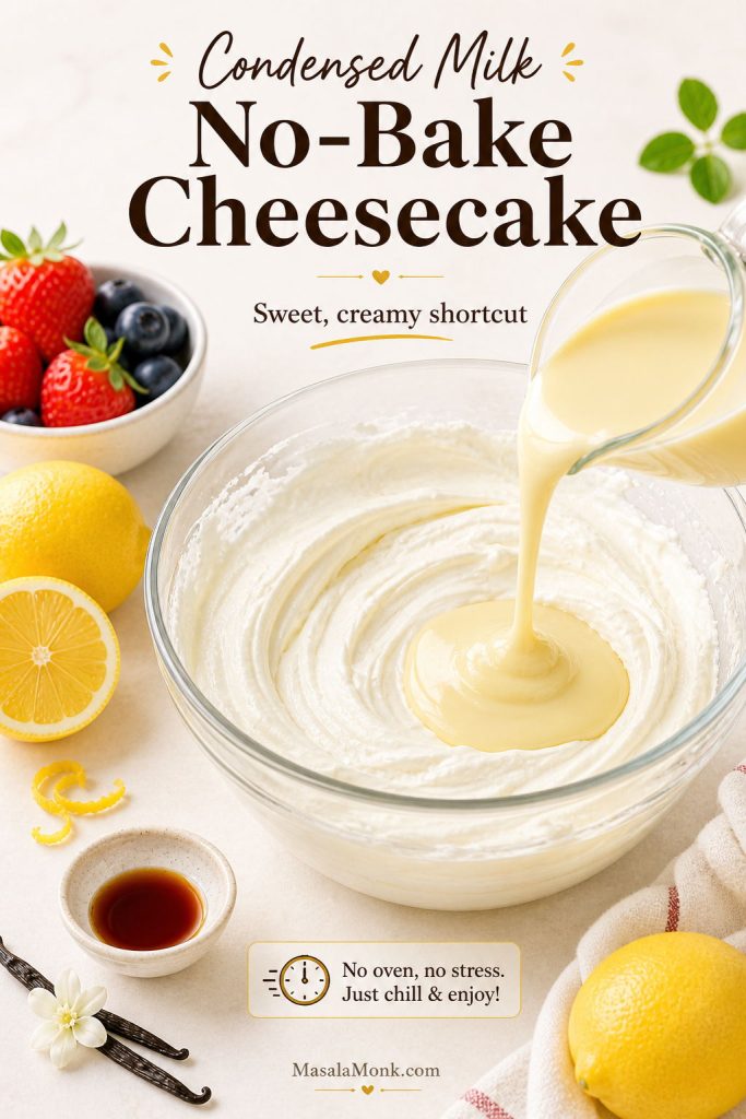 Condensed milk being poured into cream cheese mixture for no-bake cheesecake with lemon and vanilla nearby