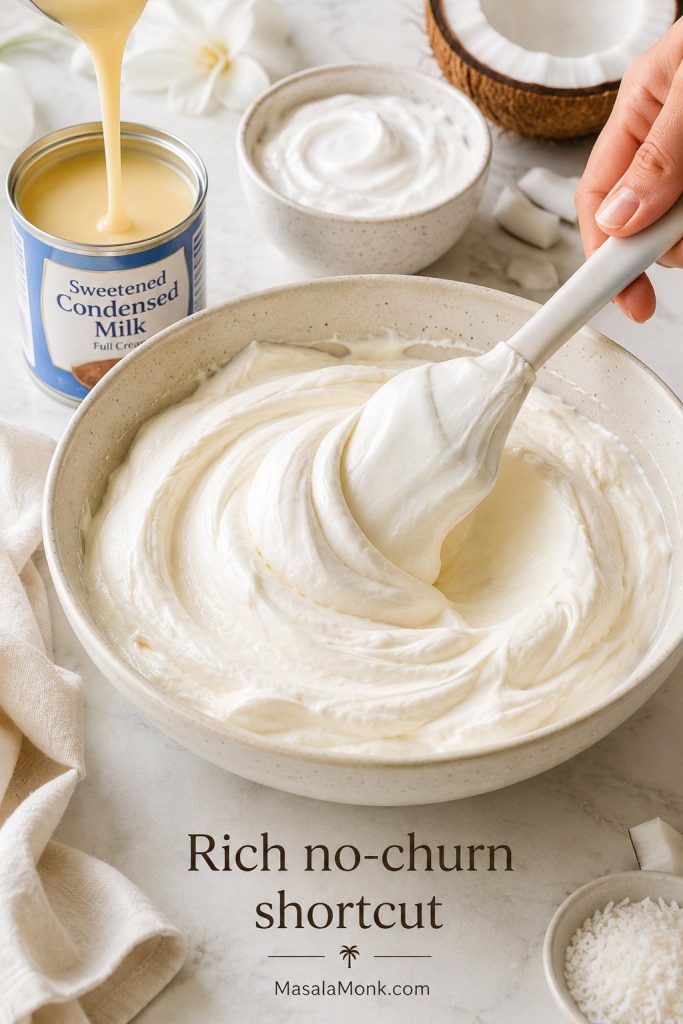 Whipped cream, condensed milk, and coconut cream being folded together in a bowl for no-churn coconut ice cream.