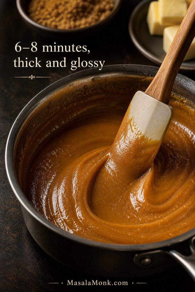 Thick homemade condensed milk toffee in a saucepan with a spatula trail holding its shape.