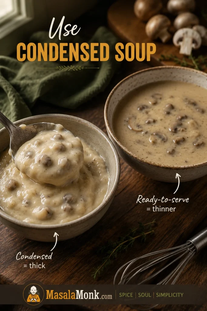 Comparison of thick condensed cream of mushroom soup and thinner ready-to-serve mushroom soup in separate bowls.