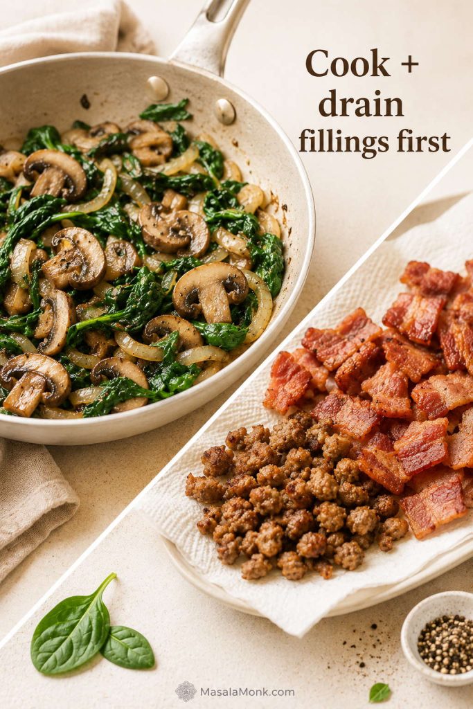 Cooked vegetables and drained meat for egg muffins, showing sautéed spinach, mushrooms, onions, and cooked bacon or sausage.