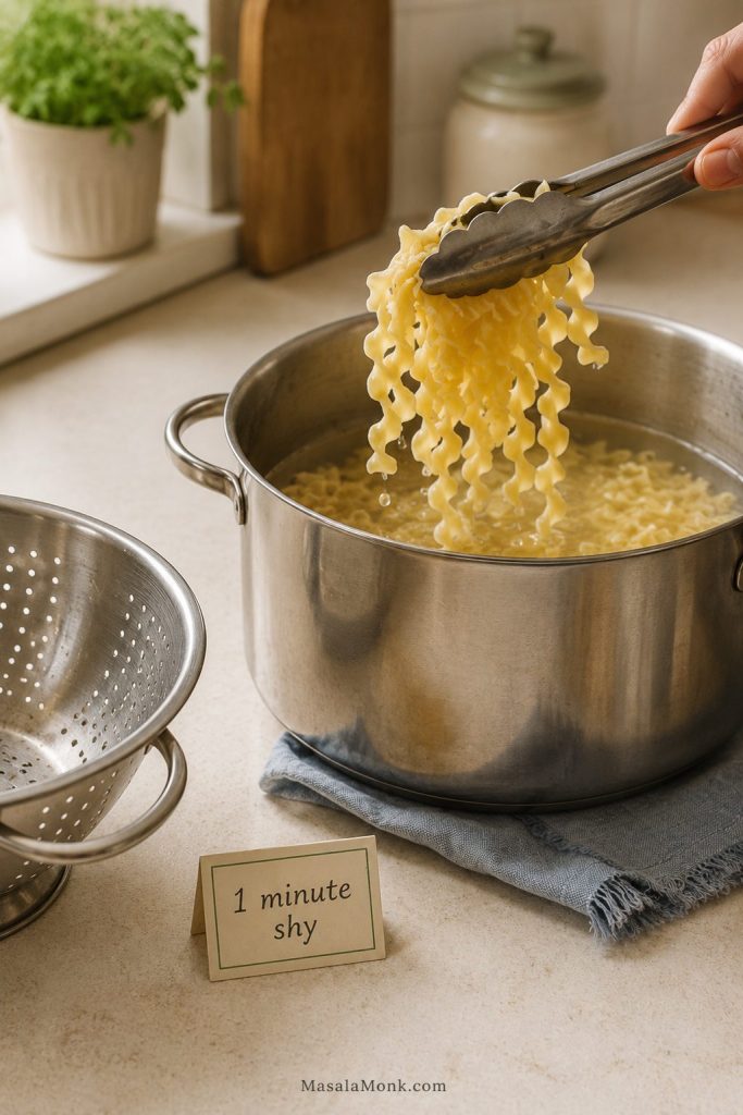 Egg noodles lifted from a pot with a one-minute-shy cue for tuna noodle casserole.