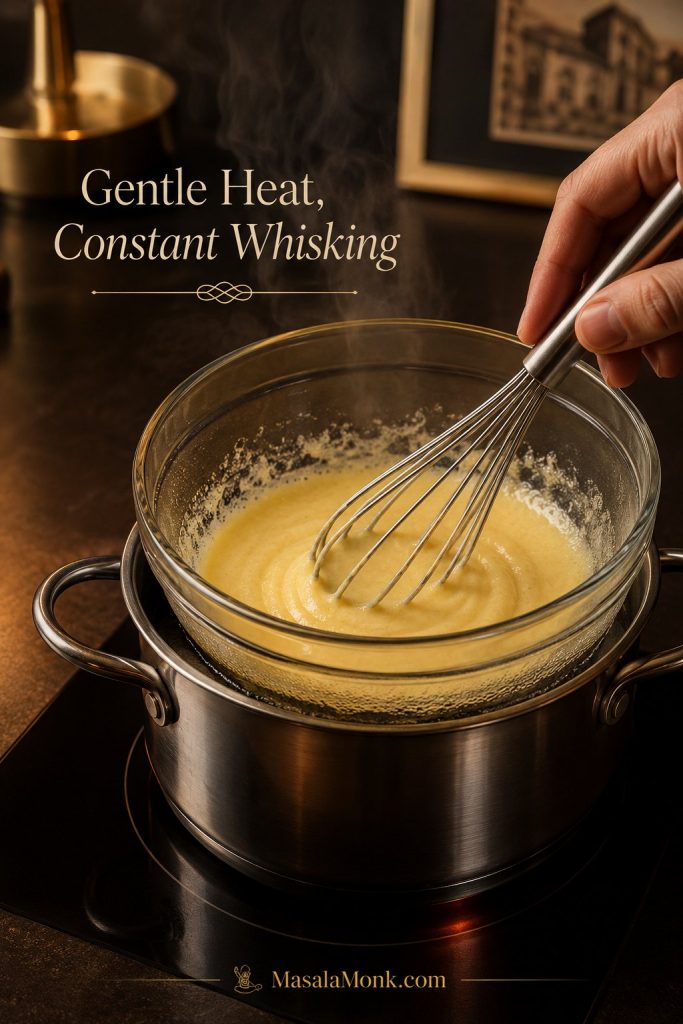 Egg yolks and sugar being whisked in a bowl over a saucepan for cooked-yolk tiramisu.