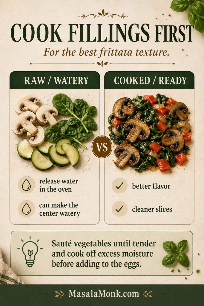 Side-by-side comparison of raw watery vegetables and cooked frittata fillings in a skillet.