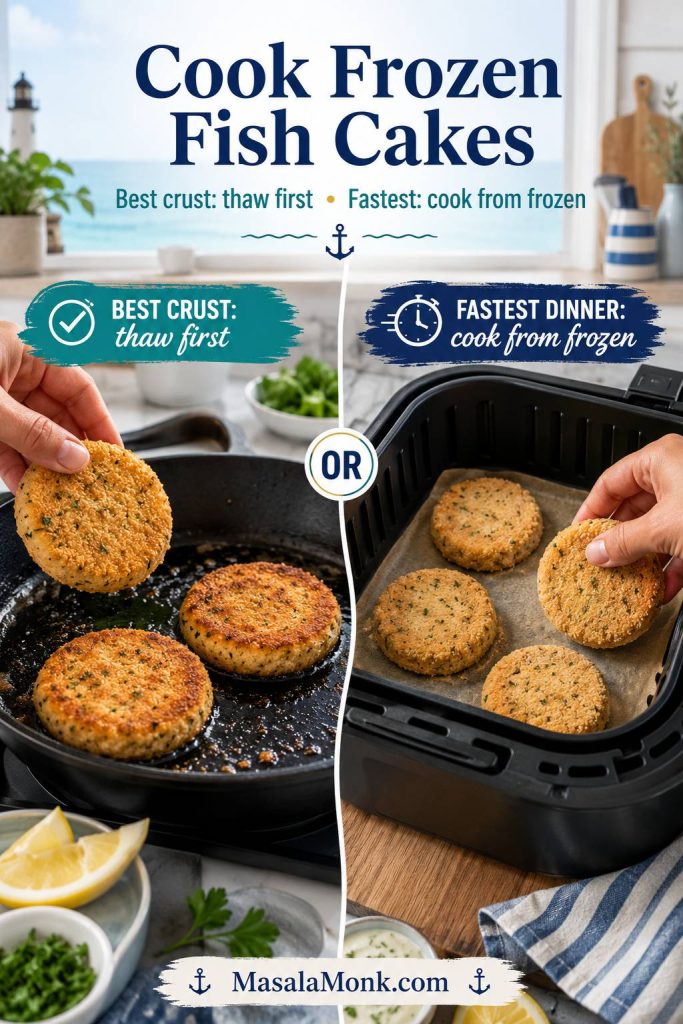 Comparison showing thawed fish cakes pan-fried for best crust and frozen fish cakes cooked in an air fryer for speed