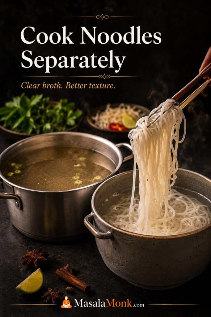Flat rice noodles being cooked separately from a pot of clear pho broth.