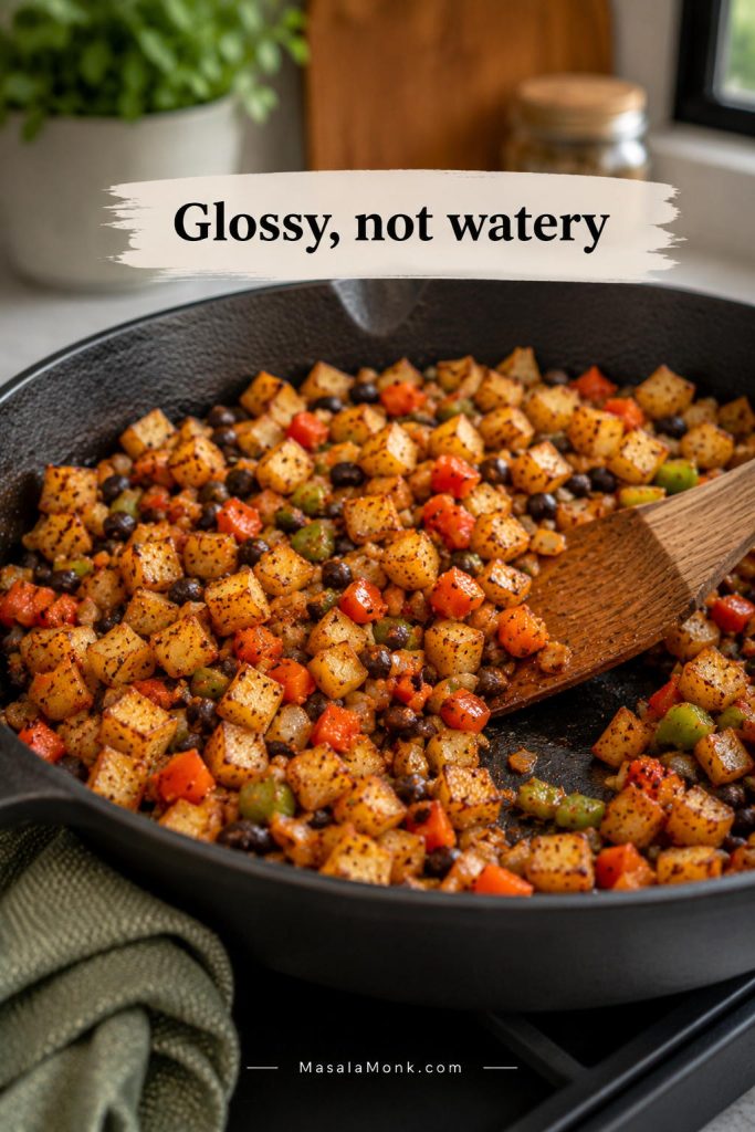 Potatoes, peppers, onions, and beans cooking in a skillet with a spatula showing no liquid pooling.