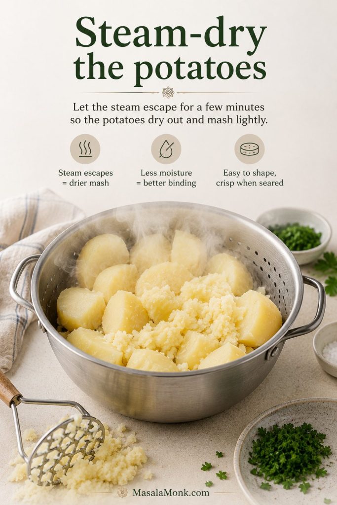 Cooked potatoes steam-drying in a pan before being mashed for fish cakes