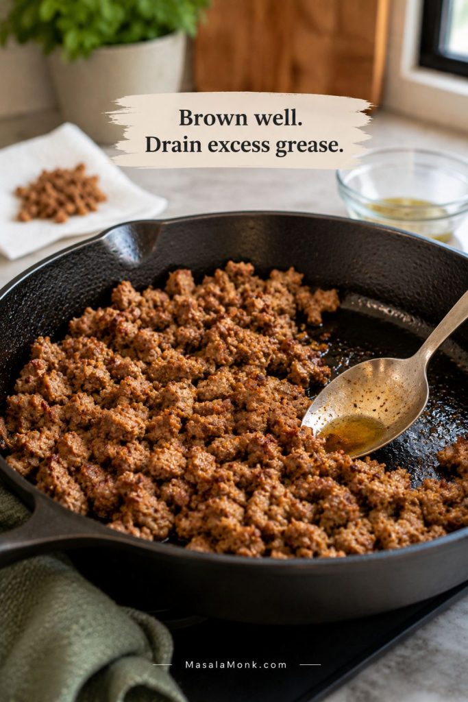 Ground breakfast sausage or turkey browning in a skillet with excess grease being drained for burrito filling.