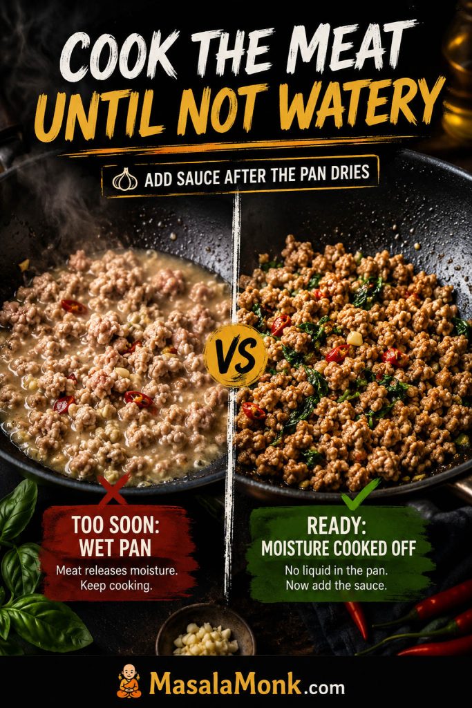 Before-and-after pan comparison showing wet minced meat versus moisture-cooked-off meat ready for sauce.