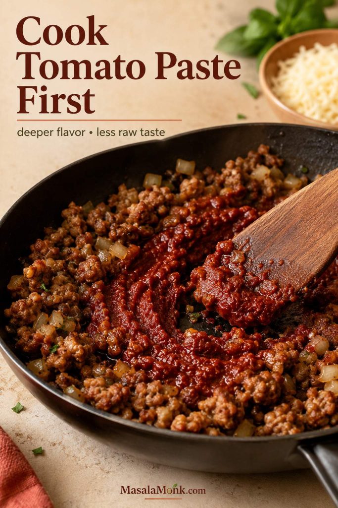 Tomato paste being stirred into browned sausage, onion, and garlic in a skillet until dark red and glossy.