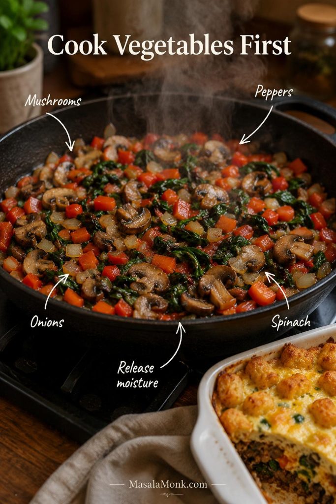 Vegetables cooking in a pan before being added to tater tot breakfast casserole, with mushrooms, peppers, onions, and spinach.