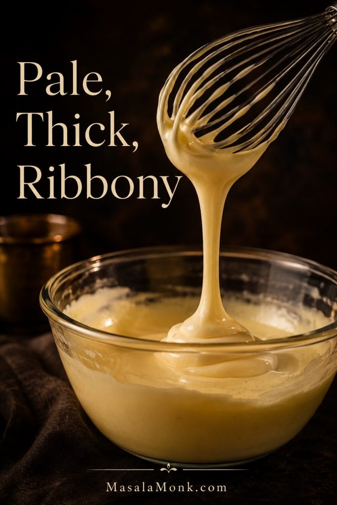 Whisk lifting a pale, thick, glossy cooked egg-yolk mixture from a bowl for tiramisu.