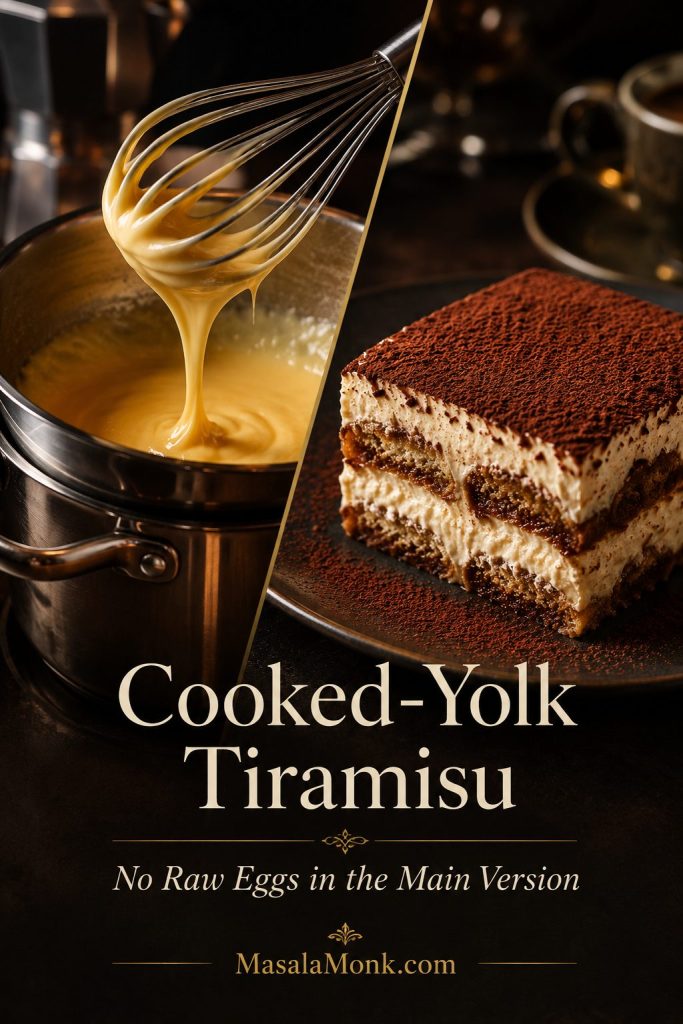 Cooked egg-yolk ribbon over a double boiler beside a finished tiramisu slice, with text about cooked-yolk tiramisu and no raw eggs in the main version.