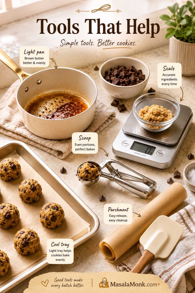 Baking tools for brown butter chocolate chip cookies including a light pan, digital scale, cookie scoop, parchment, and a cool baking tray.