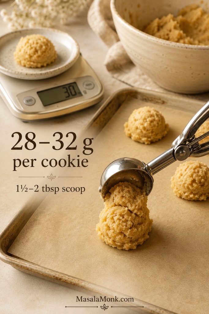 Almond flour cookie dough portioned with a cookie scoop at 28 to 32 grams per cookie.