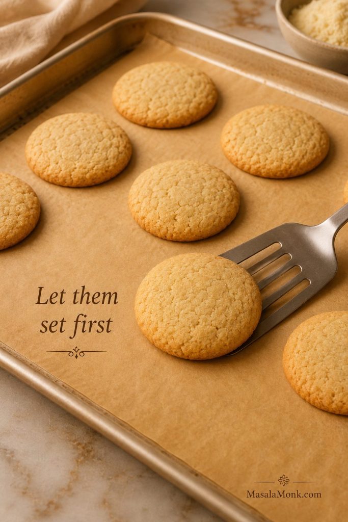 Almond flour cookies cooling on a baking sheet with a spatula lifting one cookie.