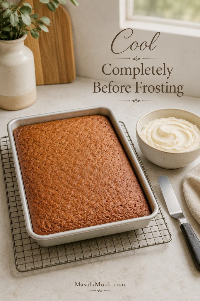 Unfrosted applesauce cake cooling in a 9x13 metal pan on a wire rack with cream cheese frosting waiting nearby.