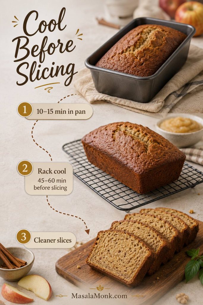 Cooling timeline for banana bread showing cooling in the pan, cooling on a rack, and clean slices after resting.