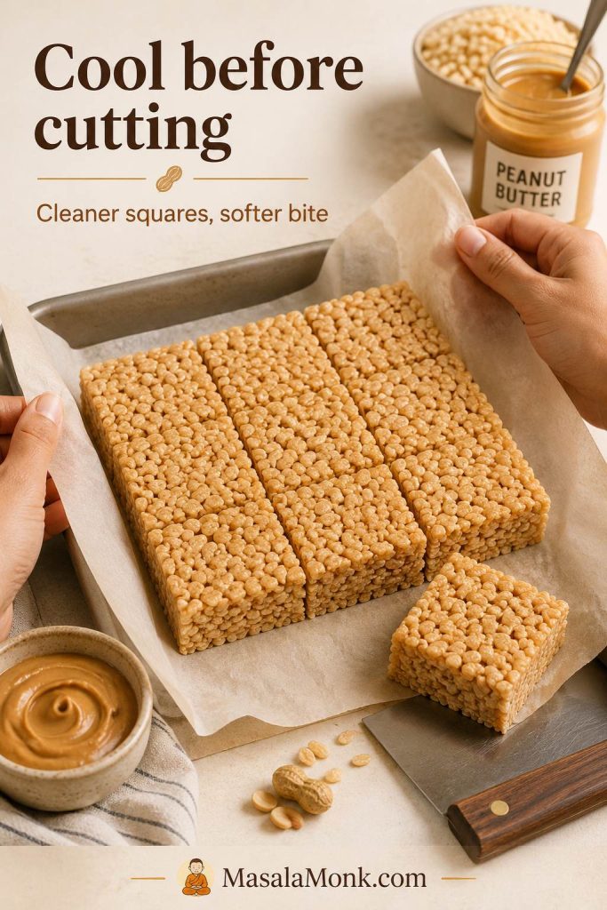 Peanut butter rice crispy treats lifted from a pan with parchment and cut into clean squares.