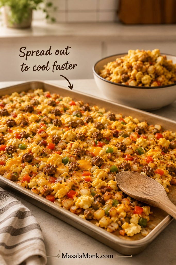 Breakfast burrito filling spread thinly on a sheet pan to cool before wrapping, with a bowl of filling in the background.