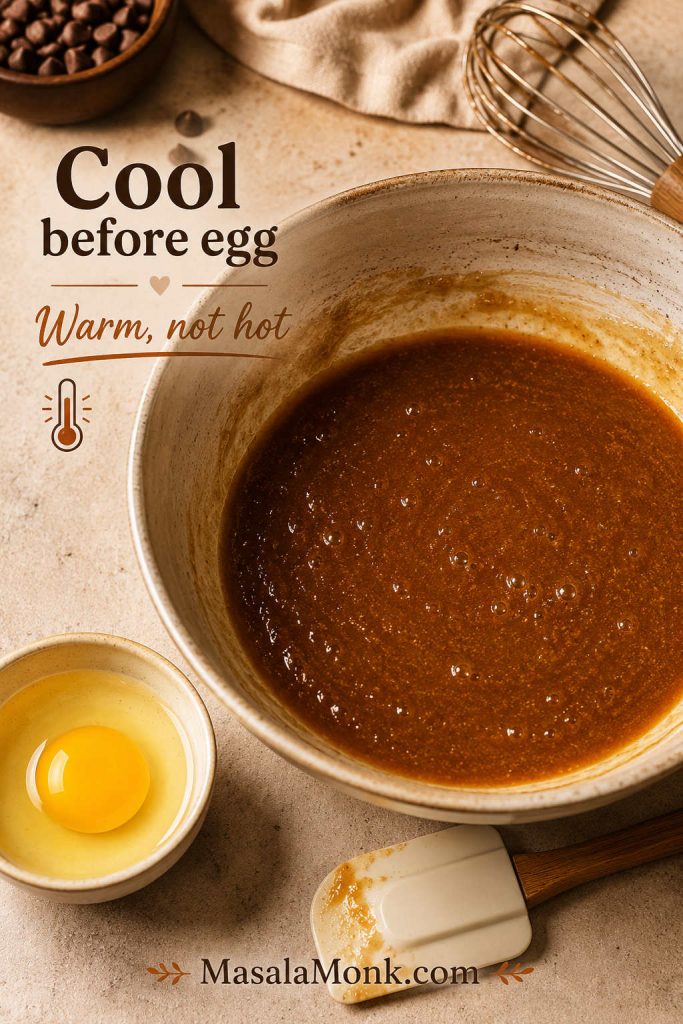 Browned butter mixture in a bowl with an egg nearby, showing that the butter should cool before the egg is added.