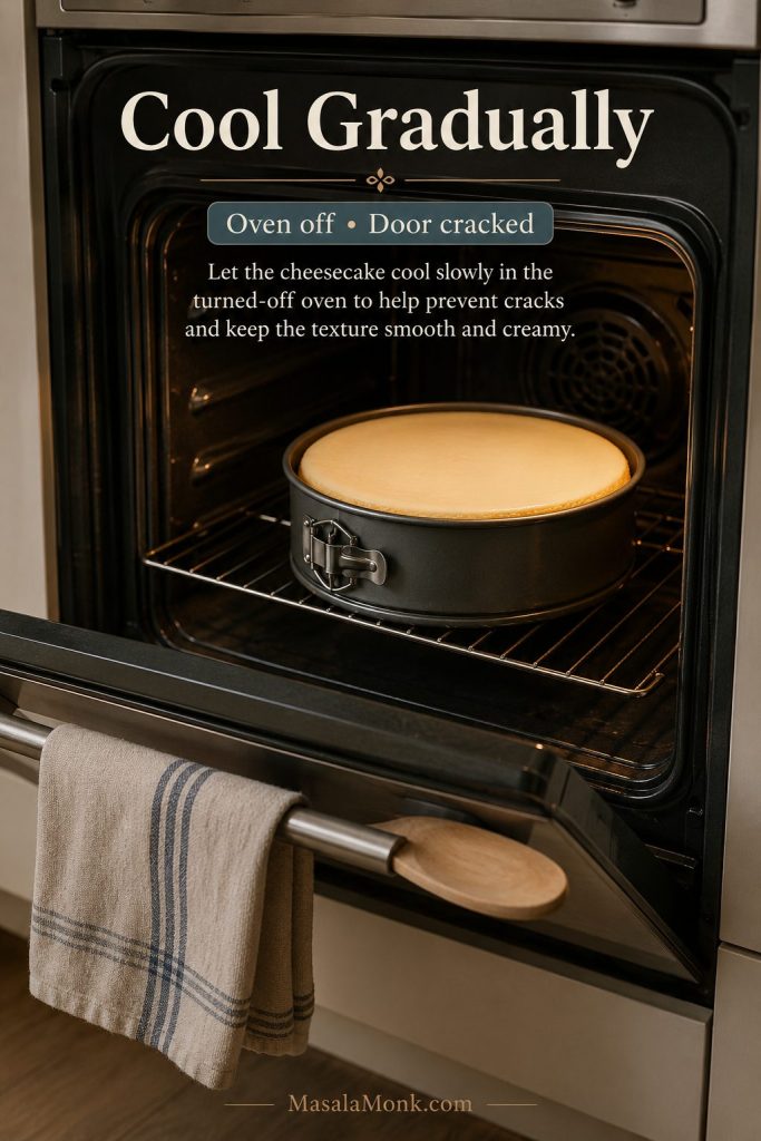 Cheesecake cooling slowly inside a turned-off oven with the door cracked open.
