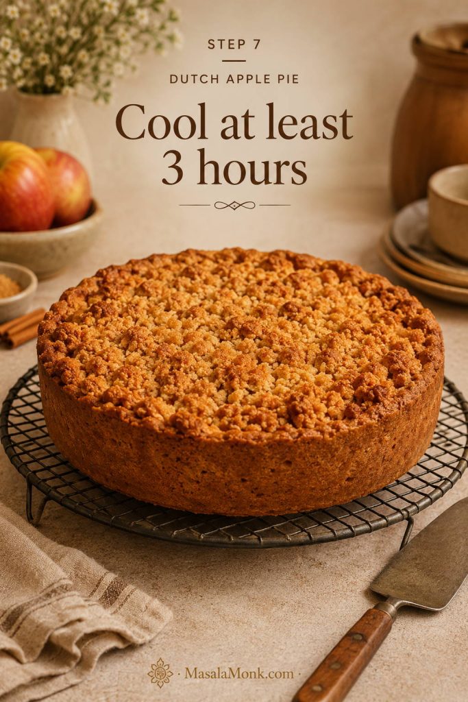 Finished Dutch apple pie cooling on a wire rack with golden crumb topping and an intact crust.