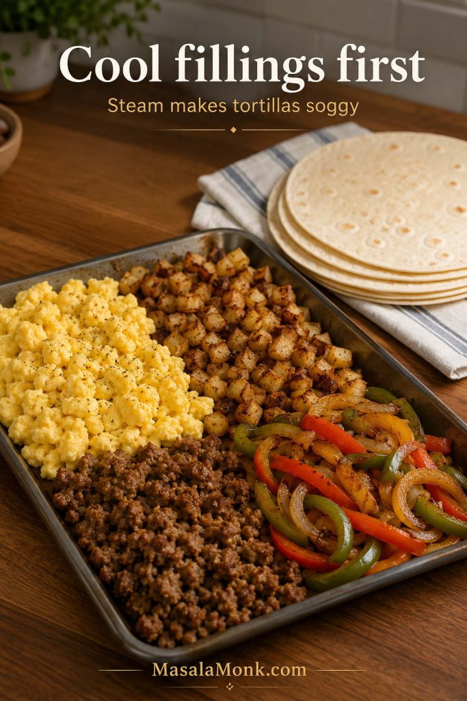 Cooked eggs, potatoes, sausage, and peppers spread on a tray to cool before being wrapped into breakfast burritos