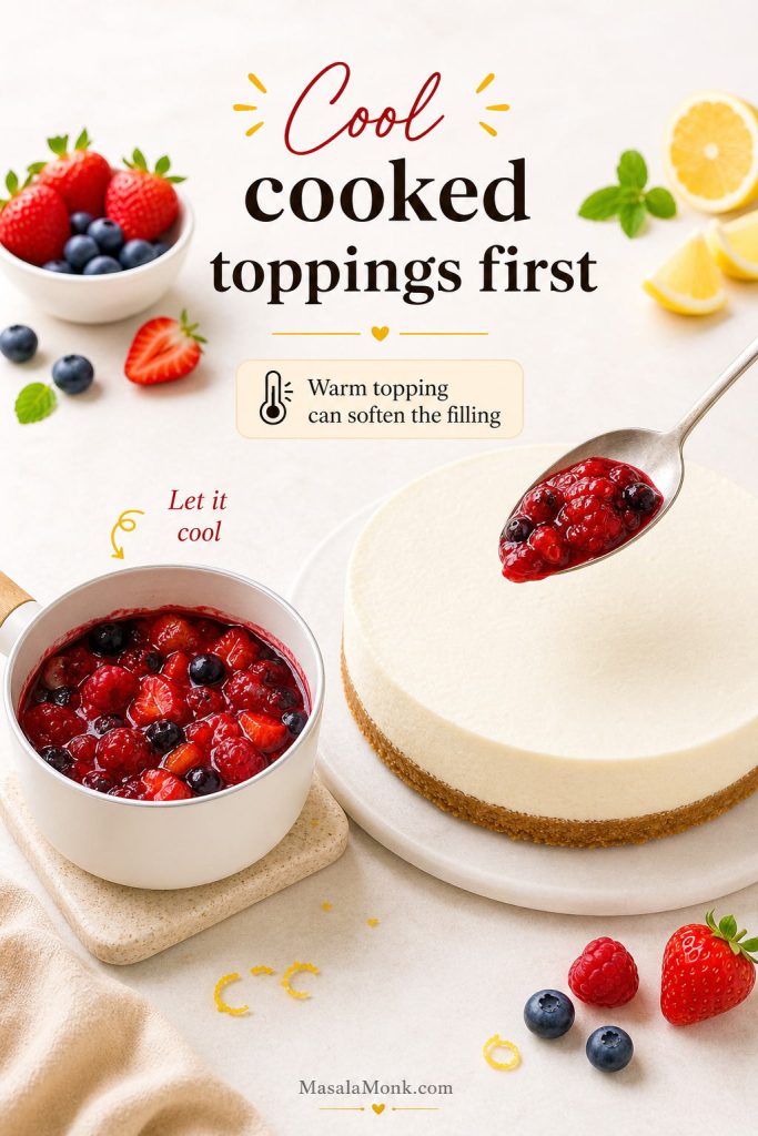 Cooked berry topping cooling beside a no-bake cheesecake before being spooned on top