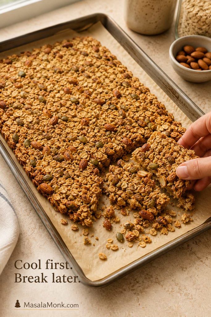 Cooled granola slab on parchment being broken by hand into large clusters on a baking sheet.