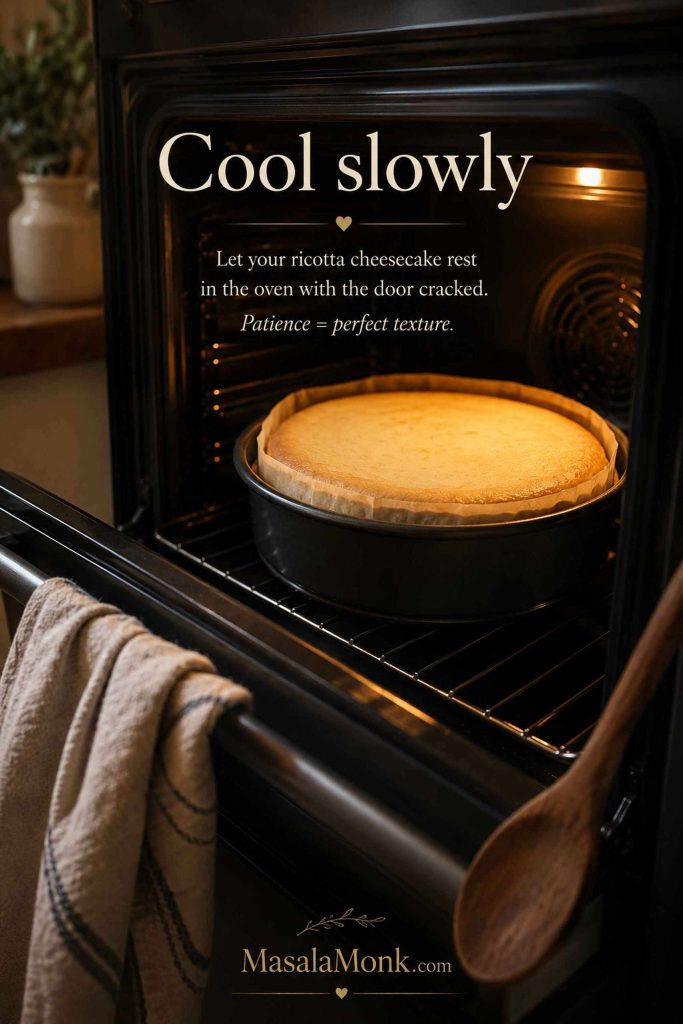 Ricotta cheesecake cooling in a turned-off oven with the door cracked open