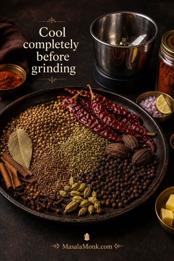 Roasted pav bhaji masala spices cooling on a dark tray with a mixer grinder jar waiting nearby.