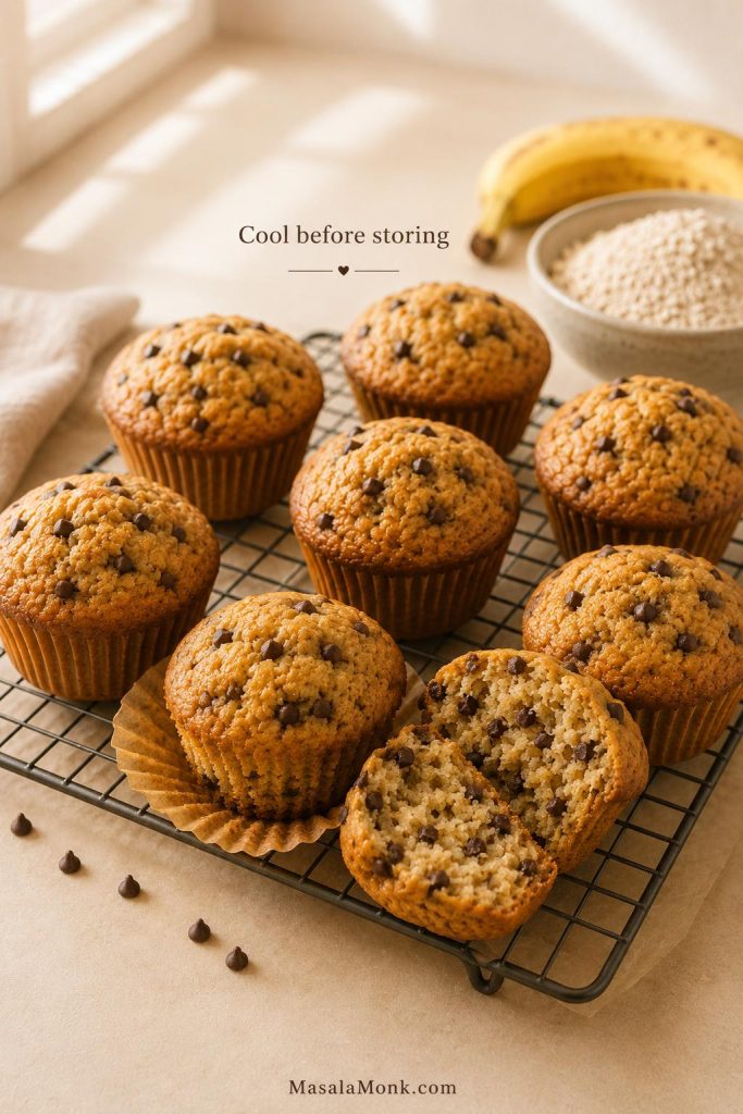 High protein muffins cooling on a wire rack with one muffin split open after cooling.