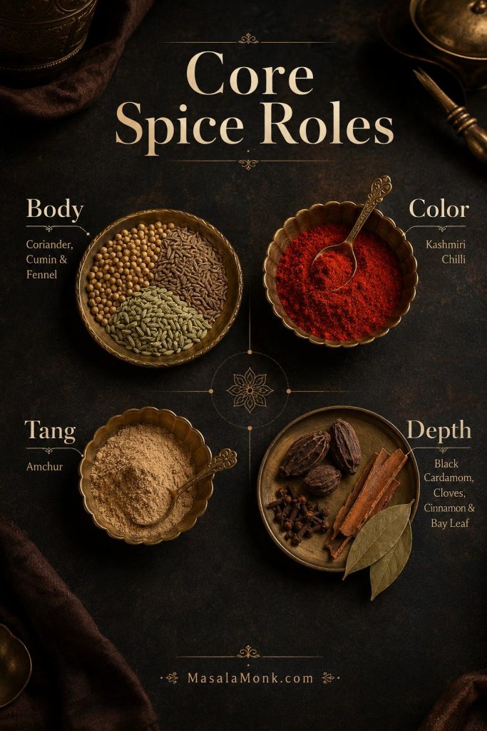 Core pav bhaji masala spices grouped by body, color, tang, and depth on a dark spice-pantry background.