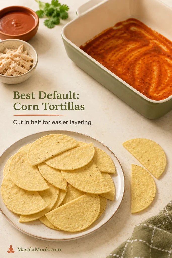 Corn tortillas cut in half and ready to layer in a sauced 9x13 baking dish.