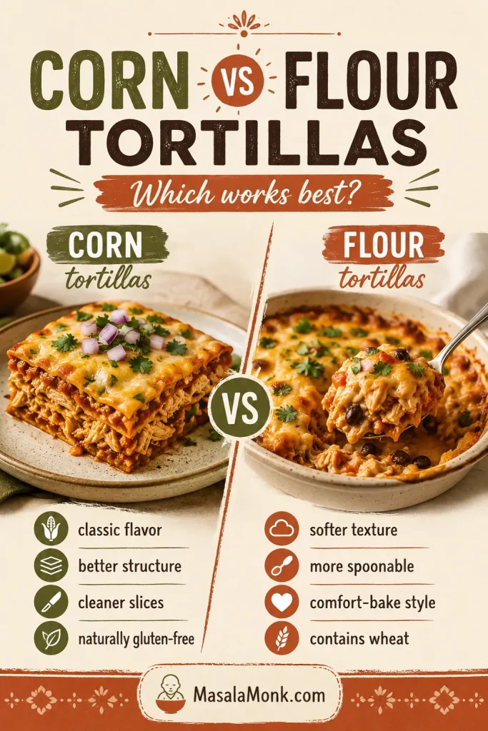 Corn versus flour tortilla comparison for chicken enchilada casserole, showing cleaner corn tortilla layers and softer flour tortilla texture.
