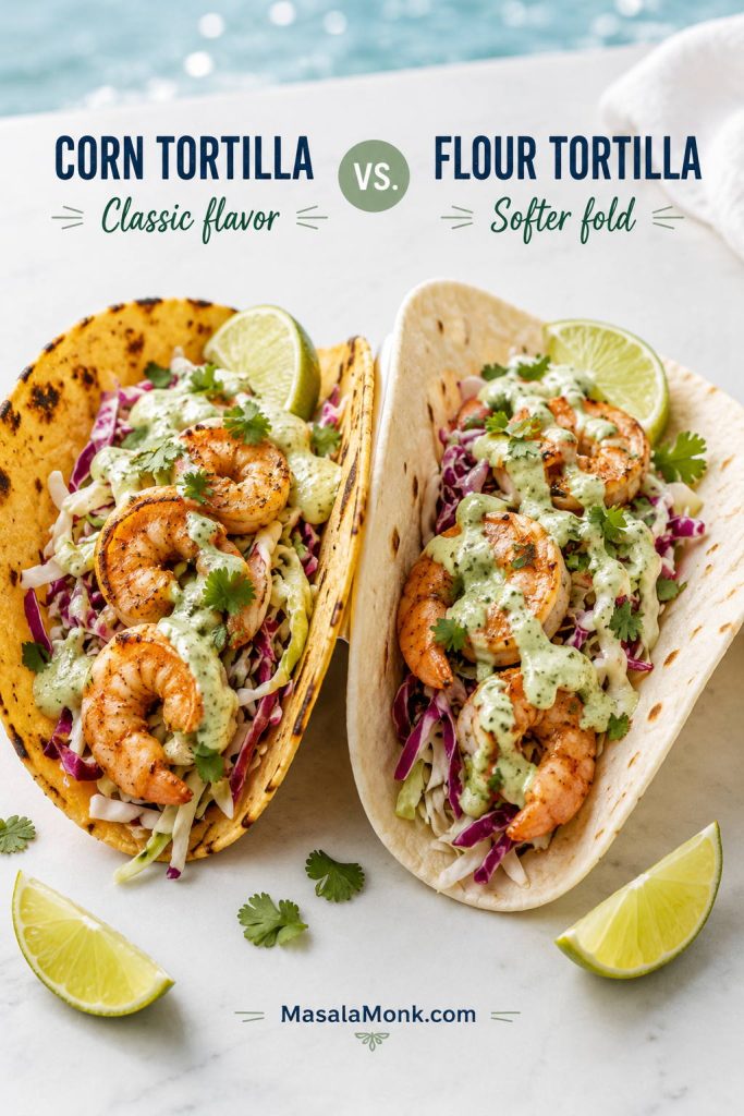 Corn tortilla shrimp taco and flour tortilla shrimp taco shown side by side with cabbage slaw and sauce