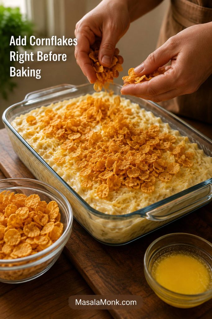 Buttered cornflakes being added to hashbrown casserole before baking.