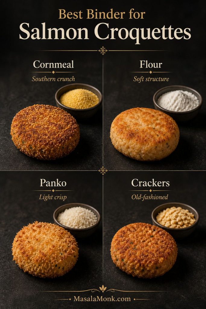 Four salmon croquettes compared with cornmeal, flour, panko, and crushed crackers as binders