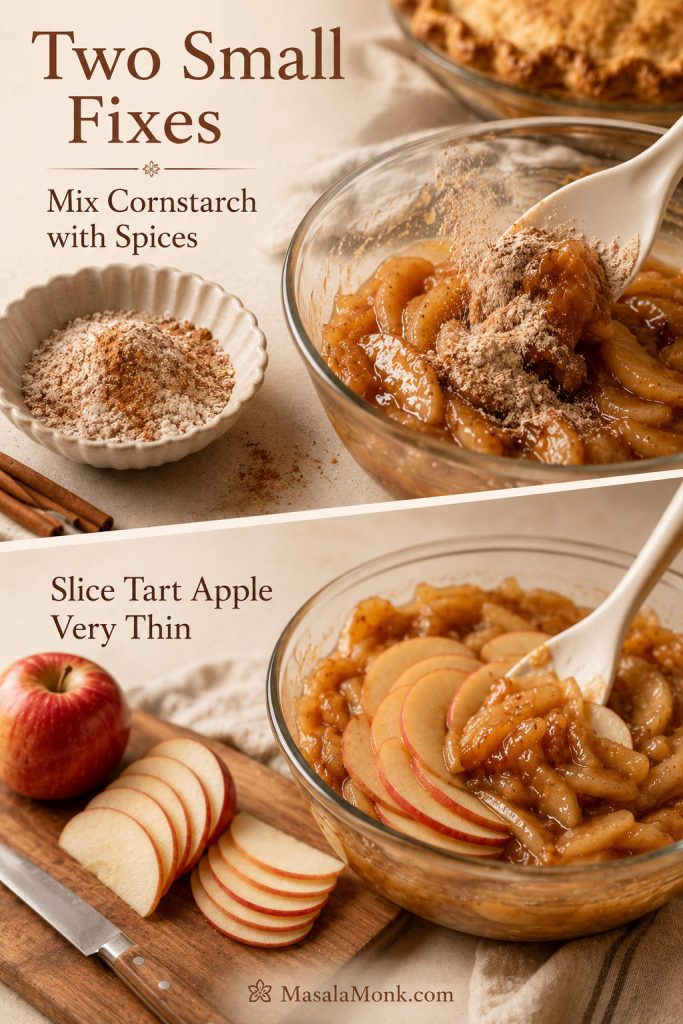 Two-panel guide showing cornstarch mixed with spices and thin tart apple slices being added to canned apple pie filling.