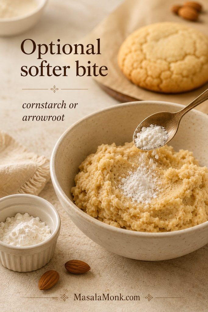 Cornstarch or arrowroot being added to almond flour cookie dough for a softer texture.
