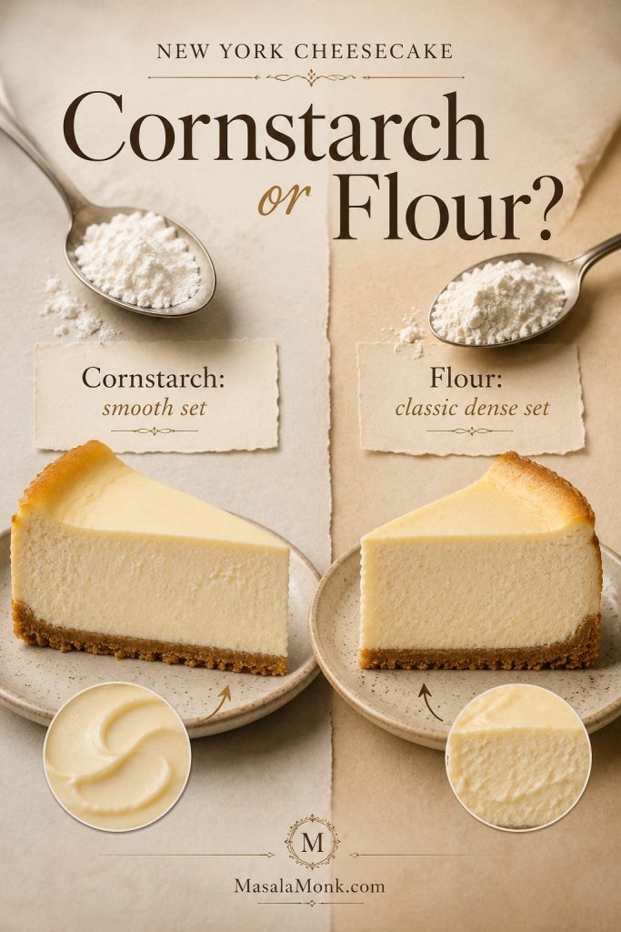 Cornstarch and flour comparison for cheesecake, showing cornstarch for a smooth set and flour for a classic dense set.