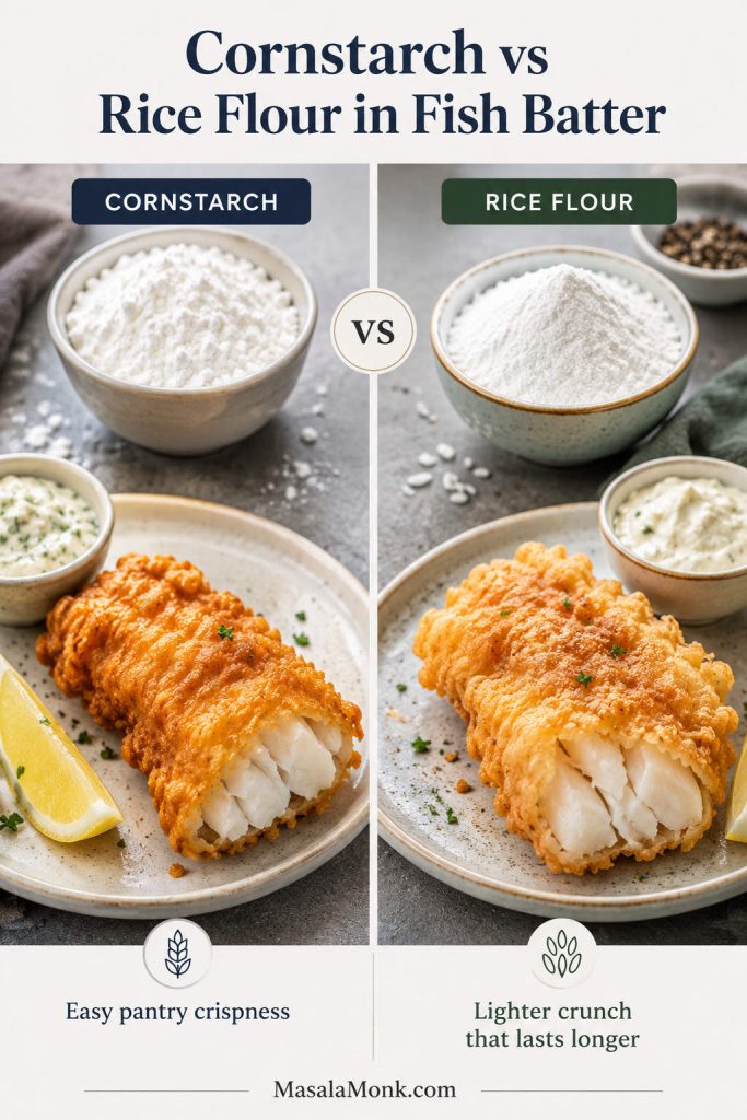 Comparison board showing cornstarch and rice flour with bowls of starch and fried battered fish pieces on each side