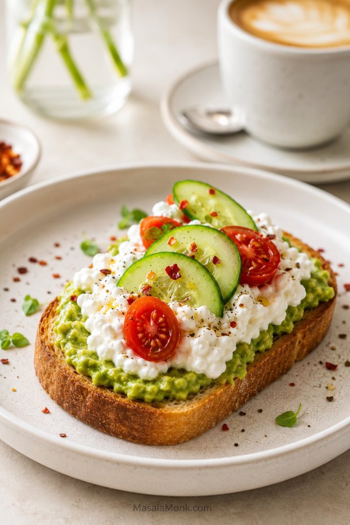 Cottage cheese avocado toast with seasoned avocado, creamy cottage cheese, cucumber or tomato, chili flakes, and crisp bread.