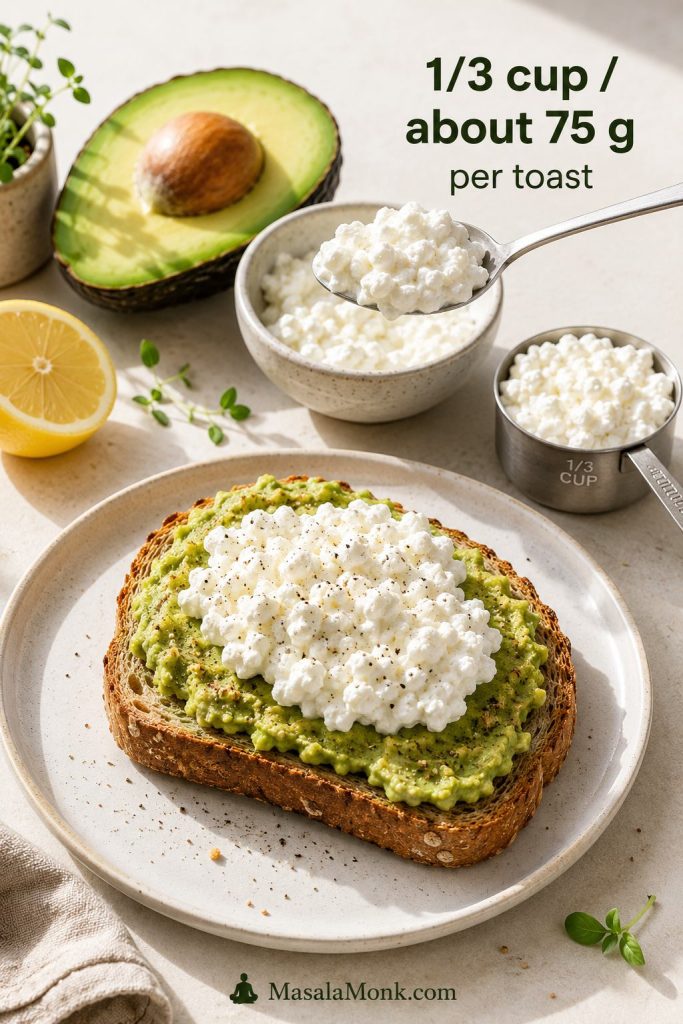 Cottage cheese avocado toast guide showing one-third cup or about 75 grams of cottage cheese with avocado and lemon.
