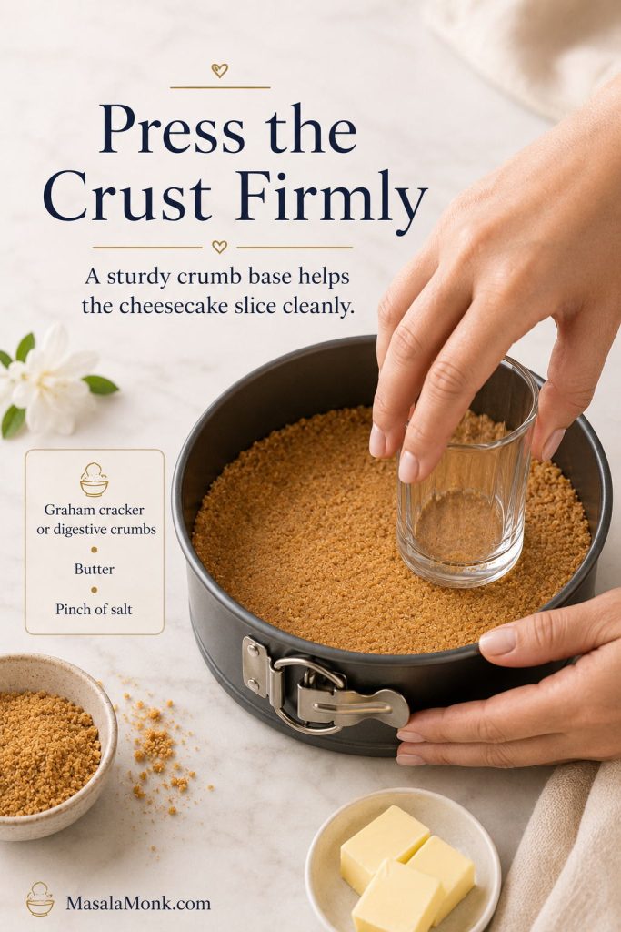 Hands pressing a graham cracker crumb crust firmly into a springform pan for cottage cheese cheesecake