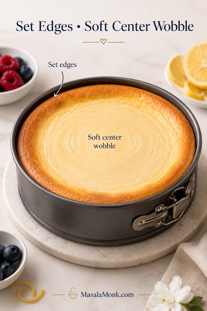 Baked cottage cheese cheesecake in a springform pan with set edges and a soft center wobble cue