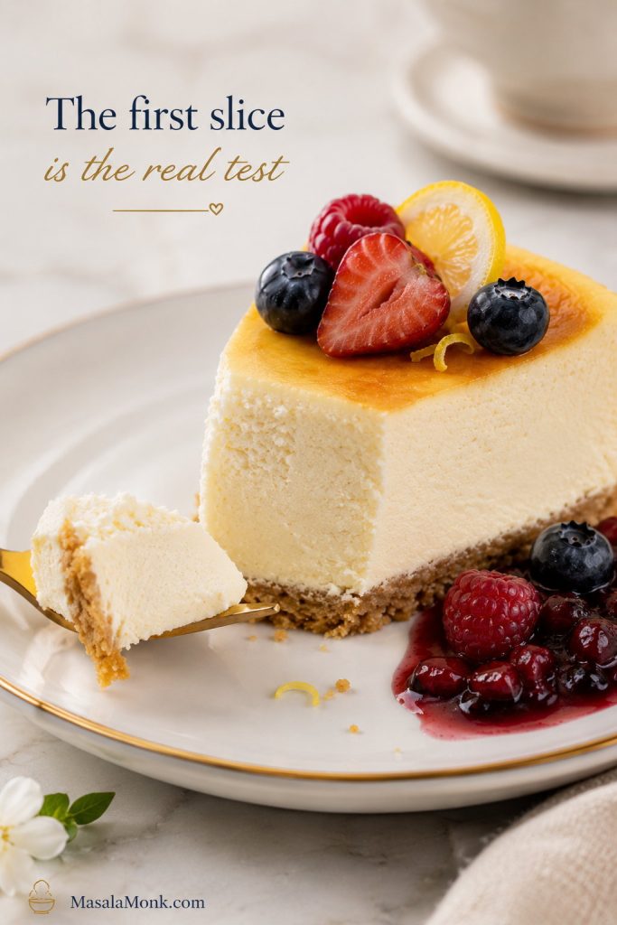 Final cottage cheese cheesecake slice with berries, lemon, berry sauce, and a forkful removed